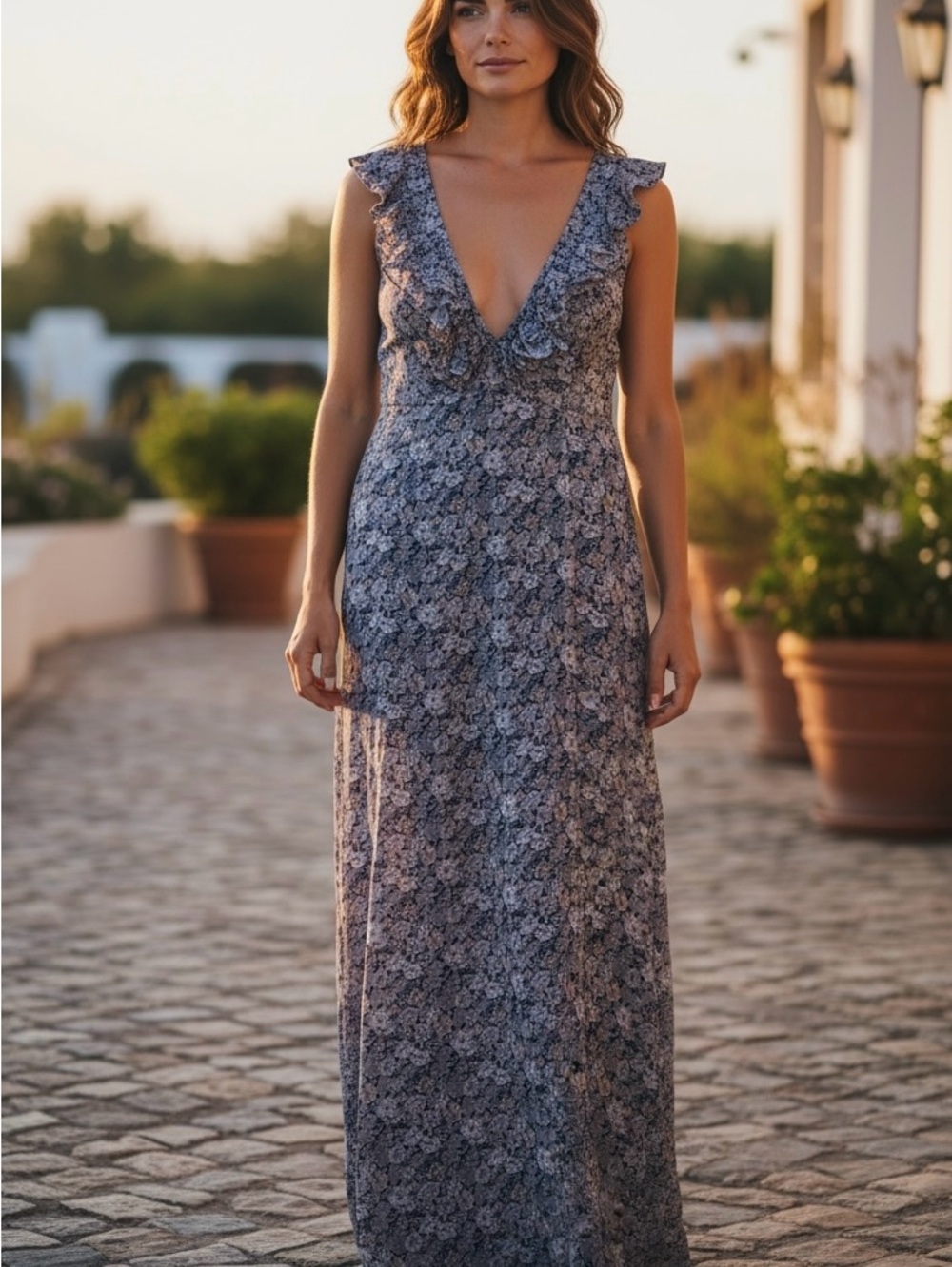 Sleeveless Blue Floral V-Neck Ruffle Maxi Dress
